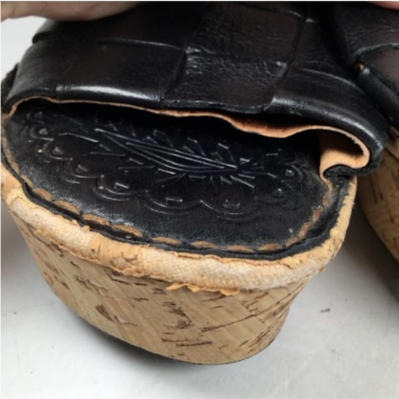 Born Women's Wedge Cork Sandals Slip-On Leather Open Toe Black Size 6 - Picture 9 of 12